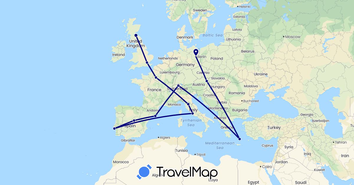 TravelMap itinerary: driving in Austria, Switzerland, Germany, Spain, France, United Kingdom, Greece, Italy, Portugal (Europe)